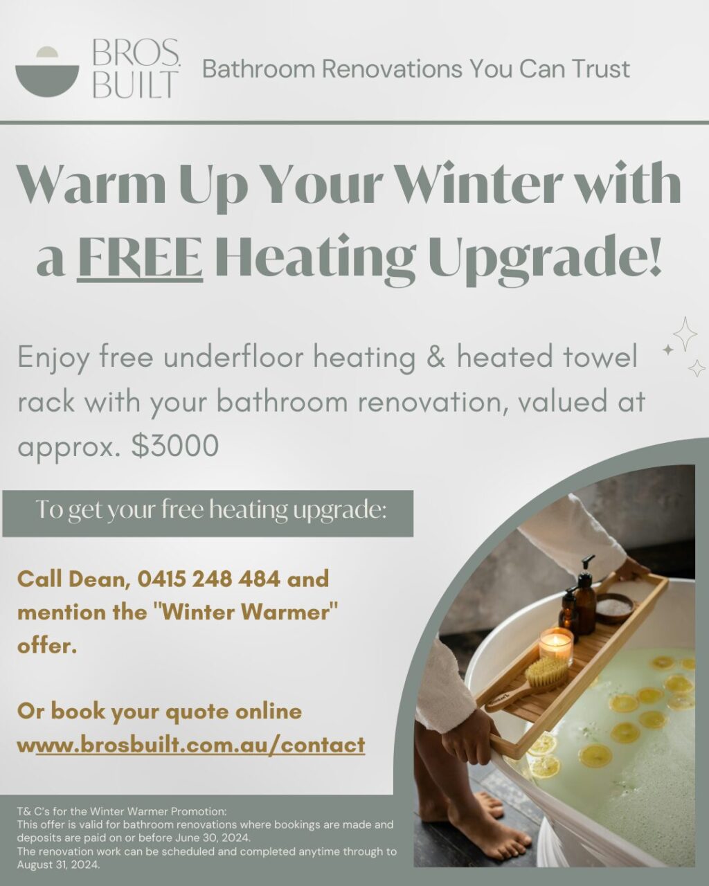 Free underfloor heating for your bathroom renovation with Bros. Built Winter Warmer offer 